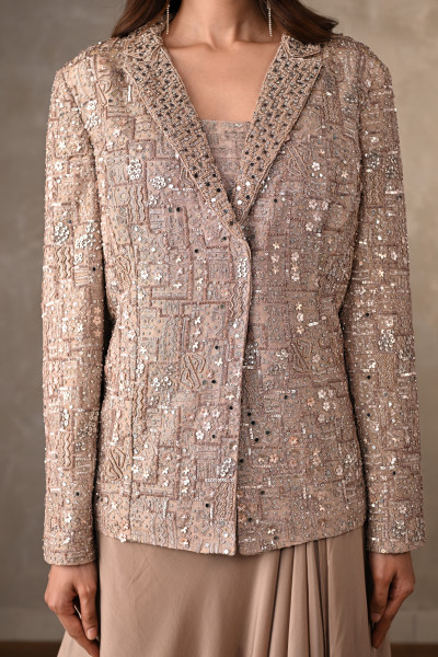Champagne Mirror Work Jacket Set With Draped Skirt