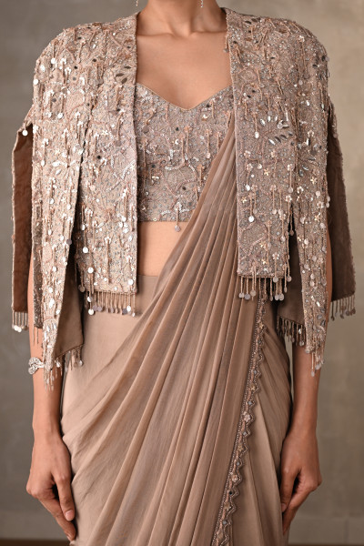 Tone-On-Tone Embroidered Drape Saree With Short Jacket