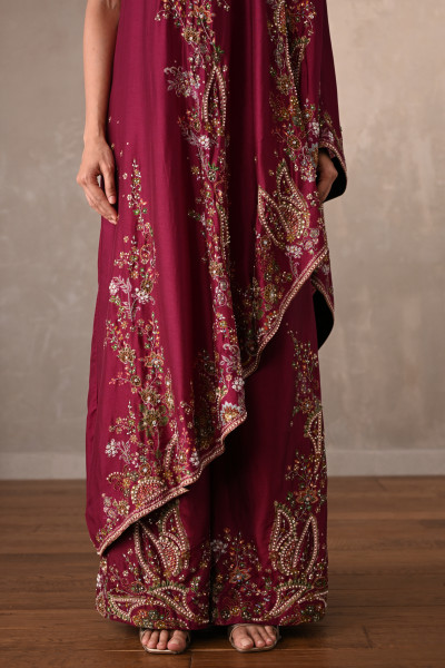 Red Silk One-Shoulder Kurta Set With Embroidered Sharara