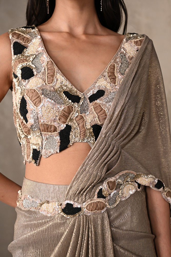 Dusty Grey Embellished Drape Saree Set