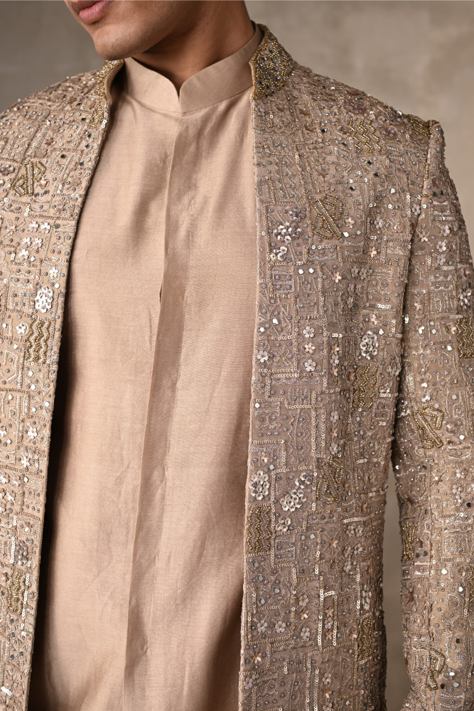 Beige Chanderi Open Jacket Sherwani with Kurta Set