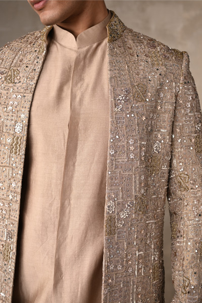 Beige Chanderi Open Jacket Sherwani with Kurta Set