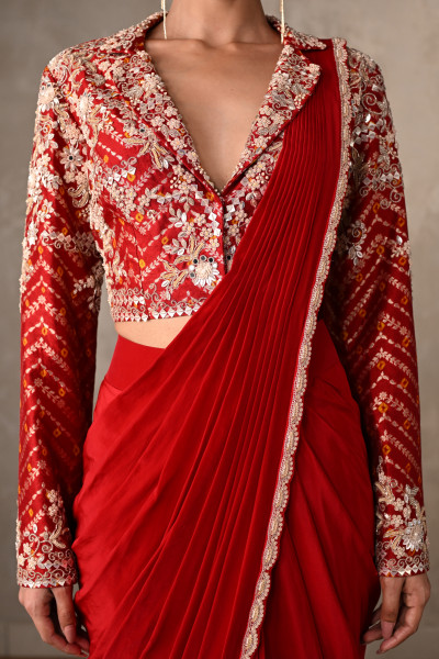 Red Embellished Crepe Drape Saree Set