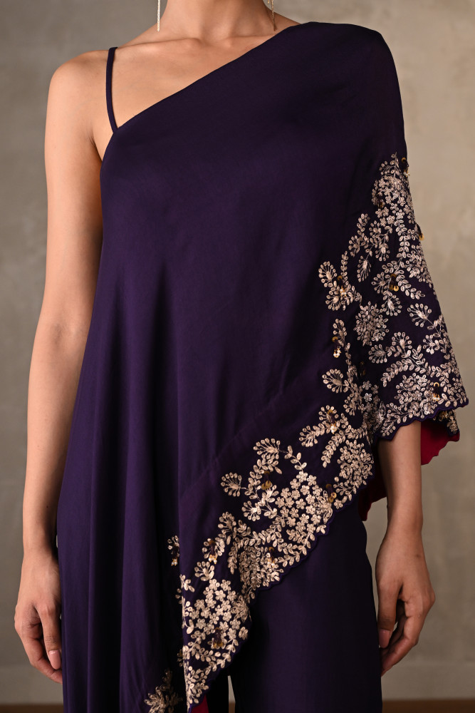 One Shoulder Gold Zari Embroidered Co-Ord Set