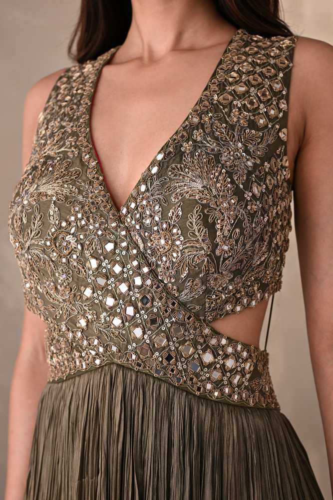 Moss Mirror Embroidered Pleated Gown