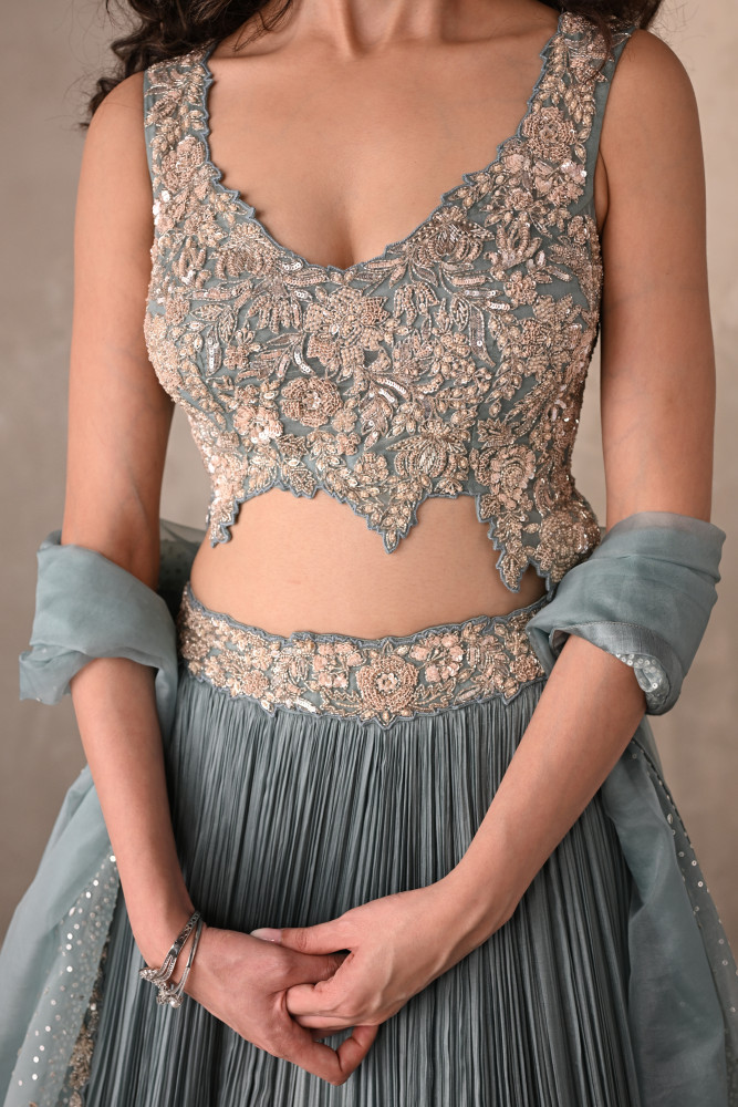 Sky Blue Celeste Satin Chiffon Lehenga Set