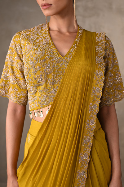 Yellow Embellished Crepe Drape Saree Set