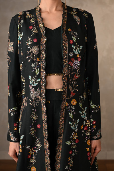 Midnight Garden Embroidered Silk Cape Set