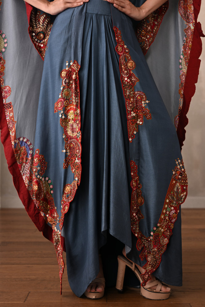 Blue Embroidered Kaftan Shirt & Drape Pant Co-Ord Set