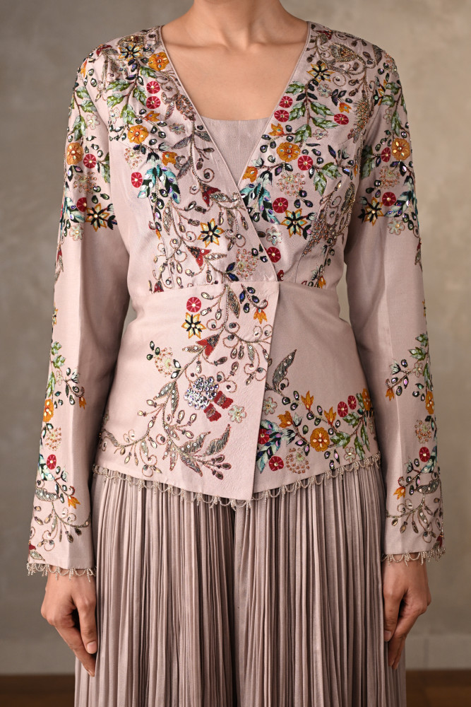 Mauve Bloom Embellished Jacket With Pleated Pants