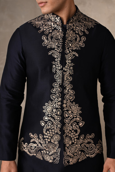 Navy Blue Chanderi Embroidered Bundi Jacket With Kurta Set