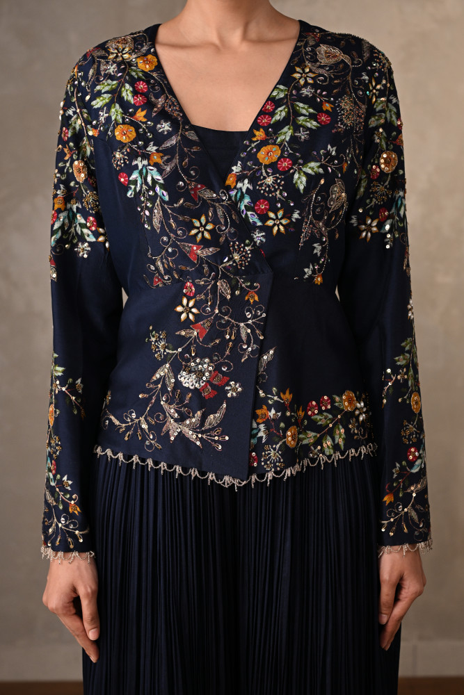 Blue Bloom Embellished Jacket With Pleated Pants