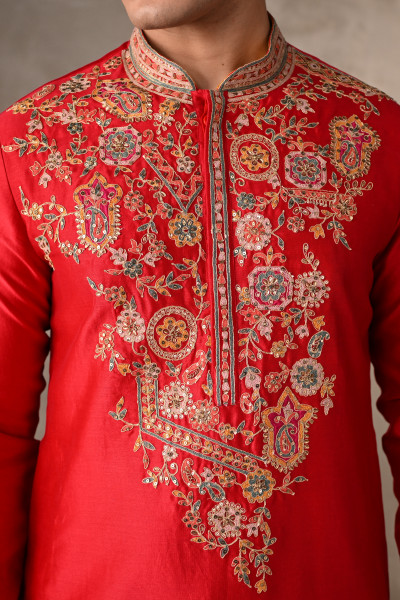 Red Chanderi Embroidered Kurta