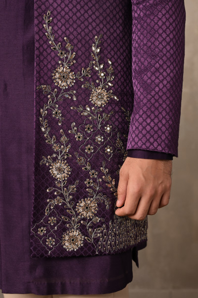 Royal Amethyst Chanderi Silk Open Sherwani Jacket Set