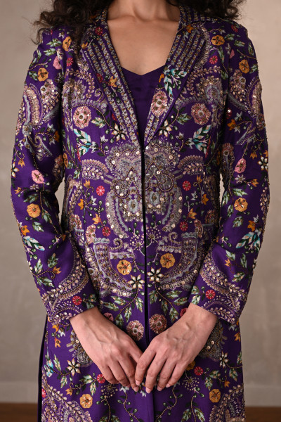 Royal Purple Silk Draped Skirt Set With Embroidered Long Jacket