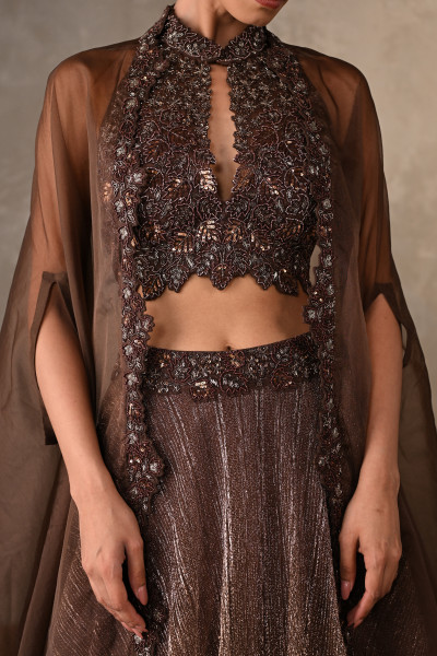 Mocha Sheer Embellished Lehenga Set