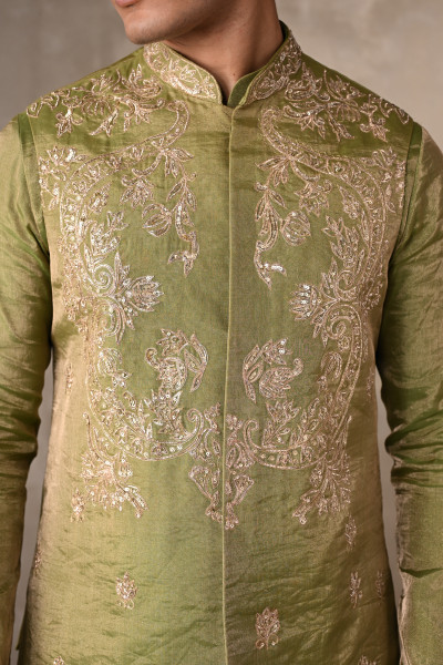 Green Tissue Silk Bundi Kurta Set