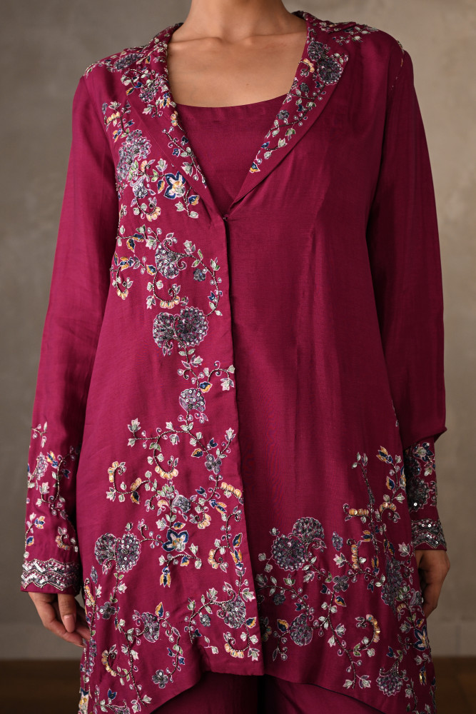 Wine Embellished Silk Co-Ord Set