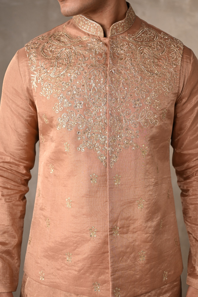Light Gold Tissue Bundi Jacket With Kurta Set