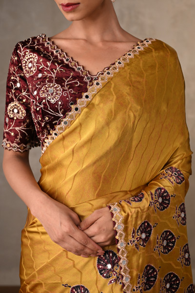 Mustard Satin Mirror Work Saree Set