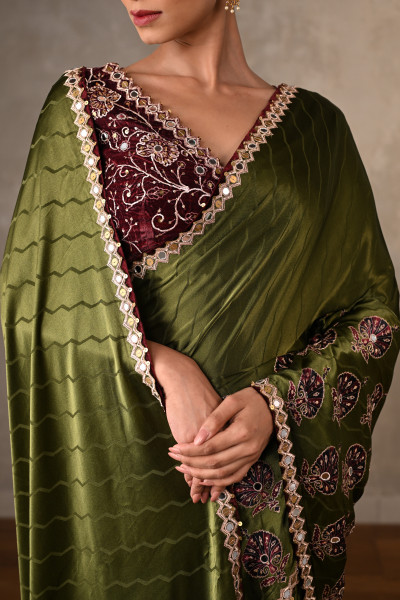 Mehndi Green Satin Mirror Work Saree Set