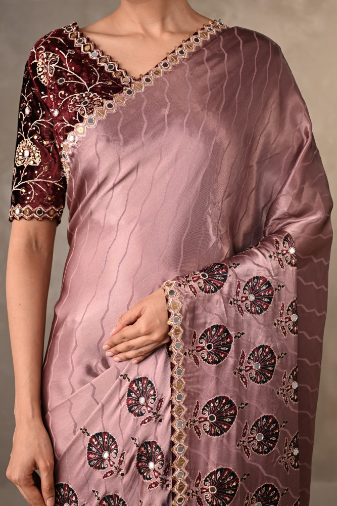 Mauve Satin Mirror Work Saree Set