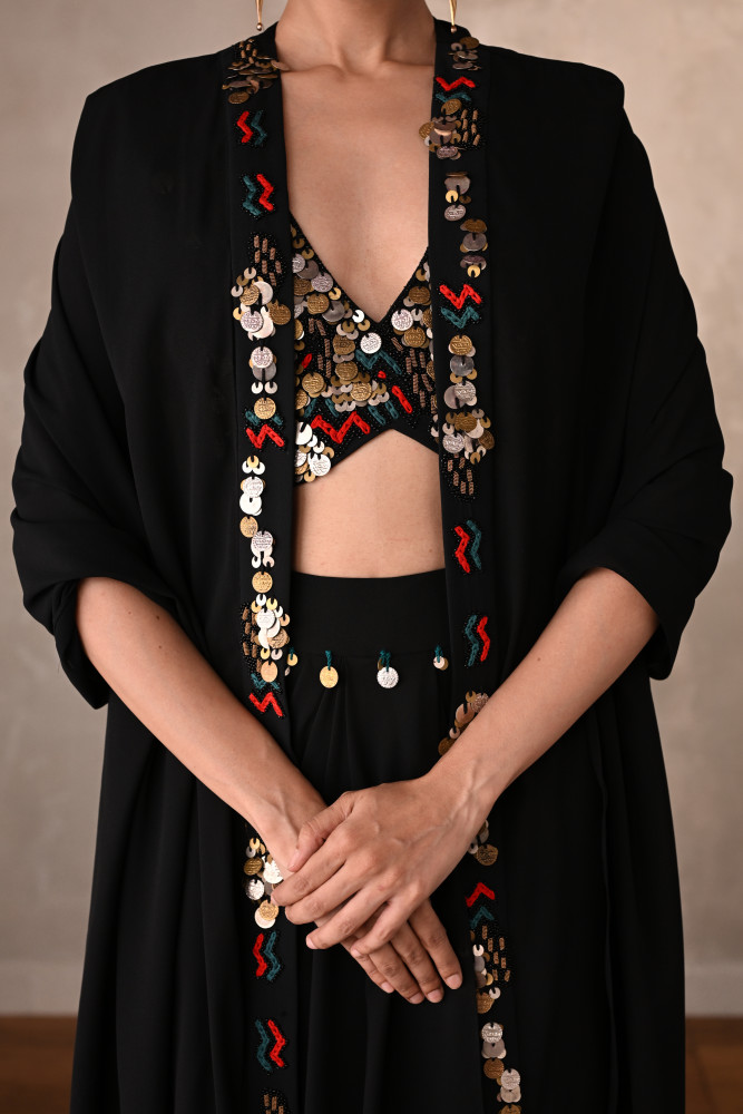 Black Georgette Drape Skirt Set With Embroidered Bralette And Cape