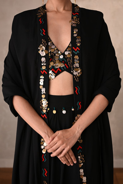 Black Georgette Drape Skirt Set With Embroidered Bralette And Cape