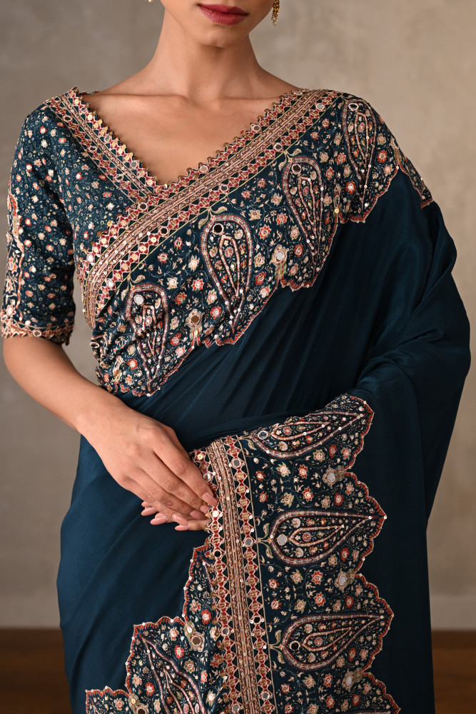 Navy Mirror Work Saree Set