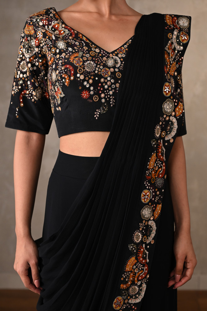 Black Embellished Pre-Stitched Saree Set