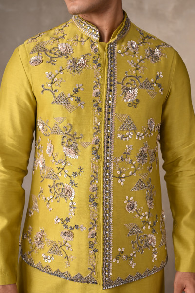 Lime Green Chanderi Bundi Jacket with Kurta Set