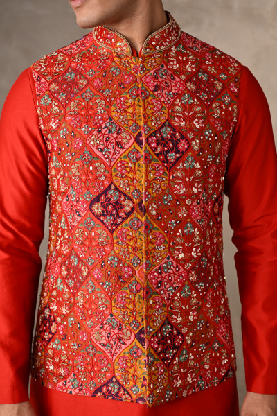 Ruby Red Chanderi Bundi Jacket with Kurta Set