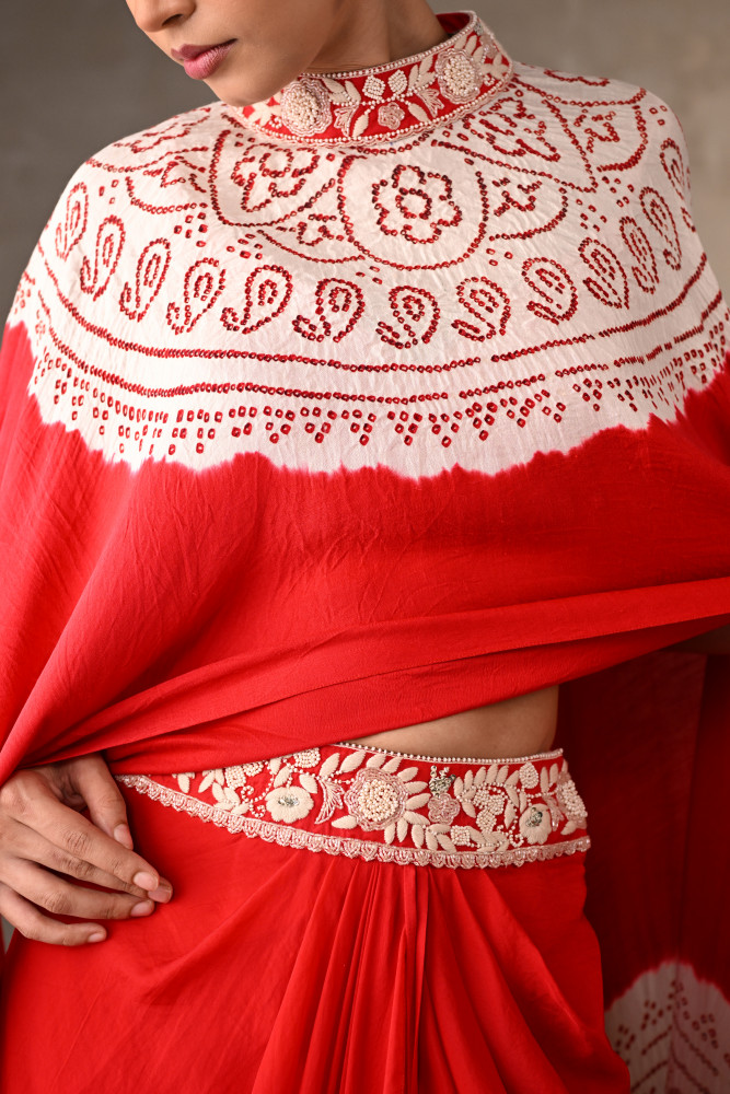 Empress Red Bandhej Silk Cape Co-Ord Set