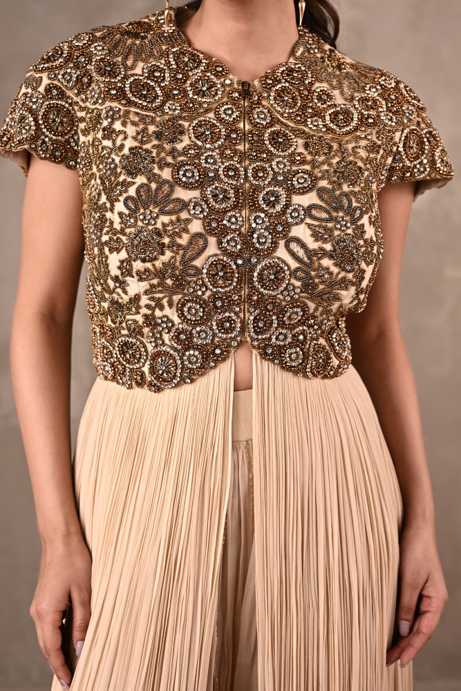 Off-White Embroidered Drape Gown Set