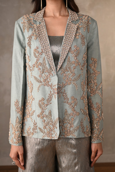 Dusky Blue Brocade Pant Suit Set