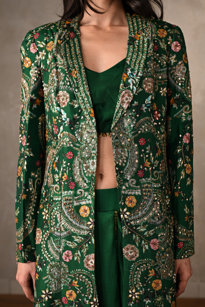 Green Silk Draped Skirt Set With Embroidered Long Jacket