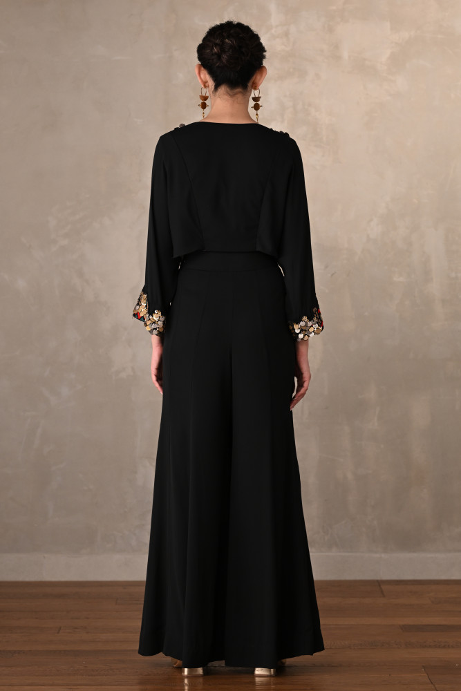 Black Georgette Embroidered Crop Top With Wide-Leg Trousers