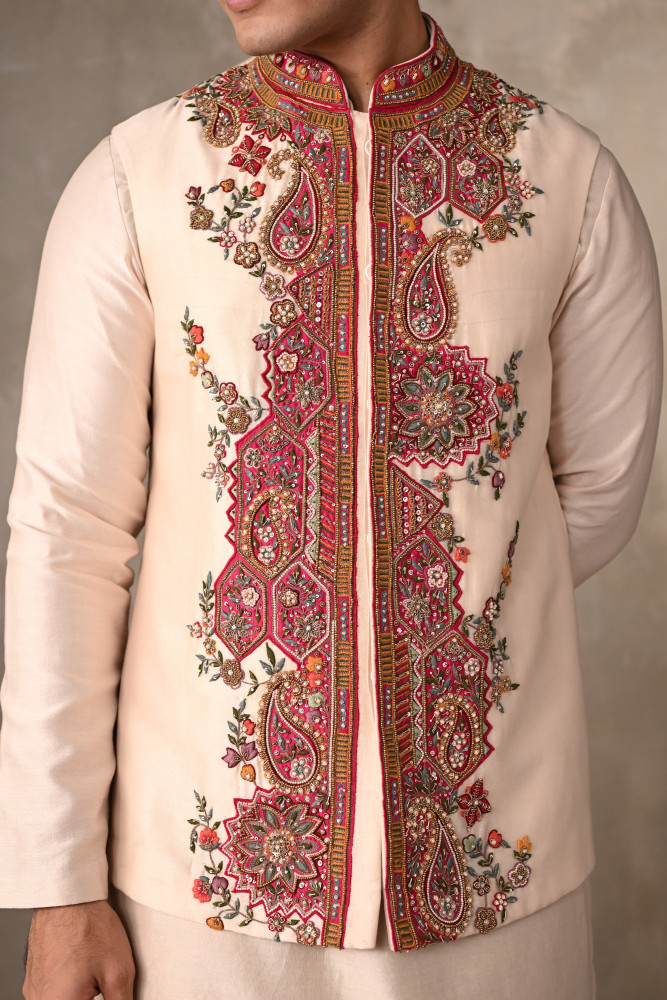 Ivory Chanderi Hand-Embroidered Bundi Jacket With Kurta Set