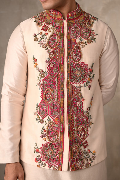 Ivory Chanderi Hand-Embroidered Bundi Jacket With Kurta Set