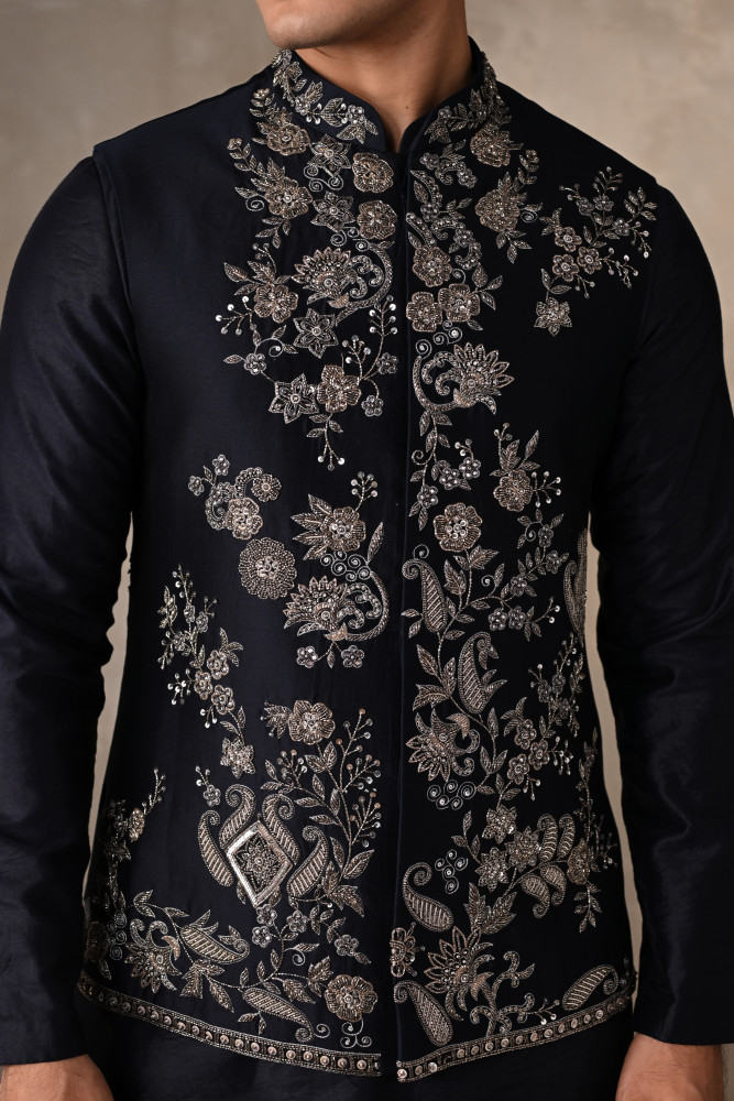 Navy Blue Embroidered Bundi Kurta Set