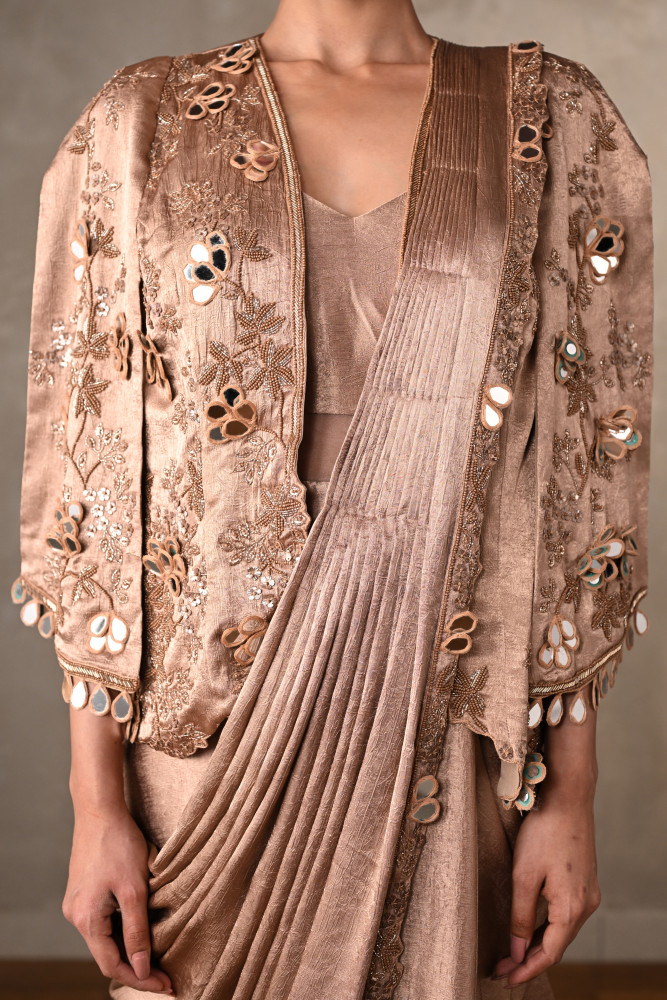Dusty Beige Embellished Satin Drape Gown With Jacket