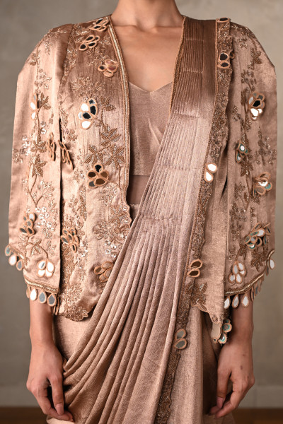 Dusty Beige Embellished Satin Drape Gown With Jacket