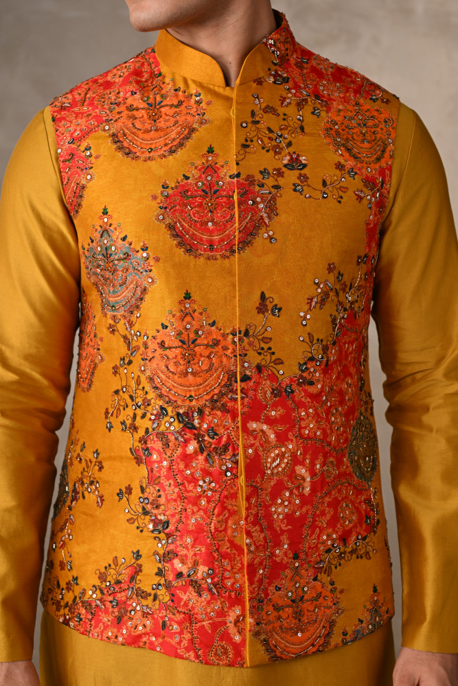Yellow–Multicolour Chanderi Bundi Jacket with Kurta Set
