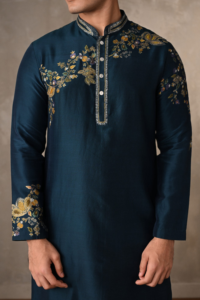 Blue Chanderi Embroidered Kurta