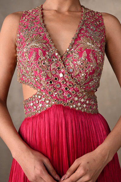 Moss Mirror Embroidered Pleated Gown