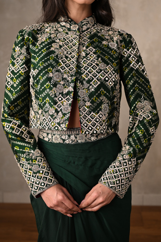 Emerald Embellished Jacket & Draped Skirt Set
