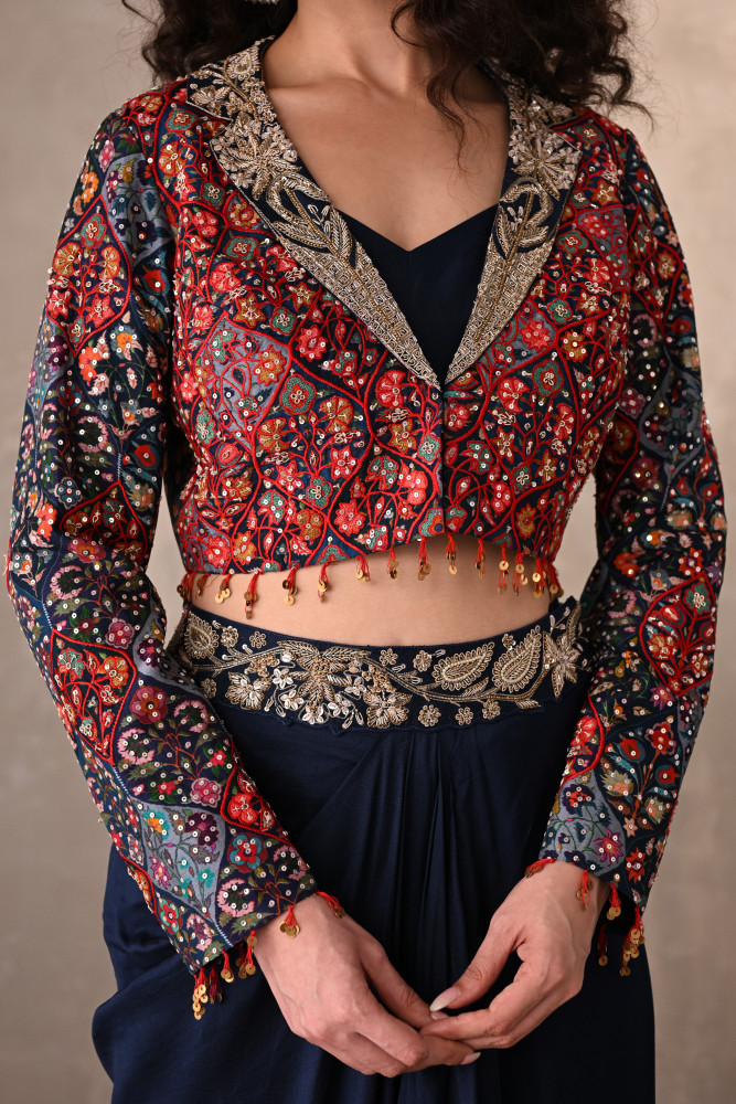 Navy Draped Silk Skirt With Multicolor Embroidered Jacket