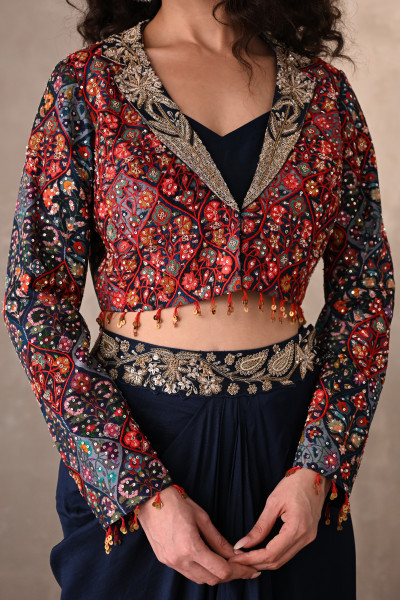 Navy Draped Silk Skirt With Multicolor Embroidered Jacket