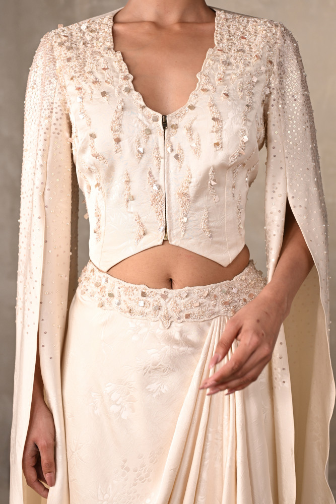 Ethereal Off-White Satin Cape Top & Draped Skirt Set