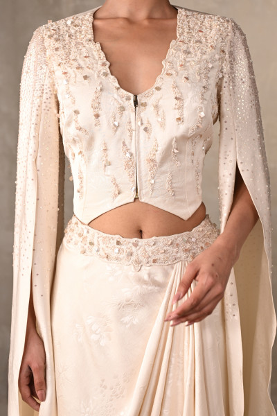 Ethereal Off-White Satin Cape Top & Draped Skirt Set